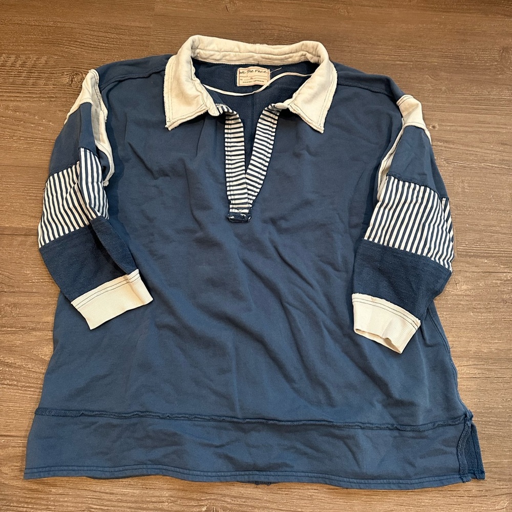 Free People Blue and White Long Sleeve Polo